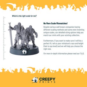 May include: A close-up of three gray plastic miniature figures of warriors with swords and axes. The figures are standing on a gray base with a black logo of a skull with a beard. The text "No More Scale Mismatches!" is visible in the background.