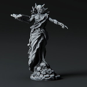 May include: A skeletal figure in a flowing robe stands on a base of skulls, holding a book in one hand and reaching out with the other. The figure is sculpted in a realistic style, with detailed bone structure and a haunting expression.