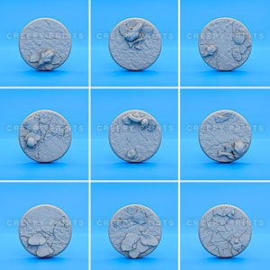 Pack of 9 Round Scenic Bases v2 | Rocks Skulls Bones | 25mm 28mm 30mm 32mm 40mm 50mm 60mm 65mm 75mm 80mm | Tabletop Miniatures Minis p2-9