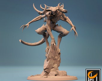 May include: A detailed 3D printed miniature of a monstrous creature with multiple horns, claws, and a long tail. The creature is posed in a crouched position, standing on a rocky base. The miniature is printed in a light brown color and is pre-supported for easy printing.  PRE-SUPPORTED STL