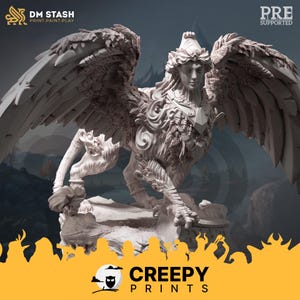 May include: A detailed, off-white sculpture of a sphinx with large feathered wings, a human face, and a lion's body. The sculpture is on a rocky base. The text "DM STASH PRINT.PAINT.PLAY" and "PRE SUPPORTED" are visible. The bottom of the image has the text "CREEPY PRINTS".