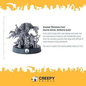 May include: A gray 3D printed miniature of a fantasy creature with multiple figures, standing on a black base. The miniature is part of a collection of miniatures from diverse artists, all unified in scale. The text "Discover Miniatures From Diverse Artists, Unified In Scale!" is visible in the image. The text "CREEPY PRINTS" is also visible in the image.