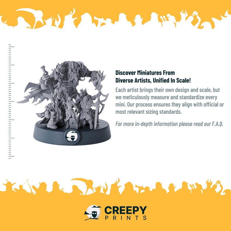 May include: A gray 3D printed miniature of a fantasy creature with multiple figures, standing on a black base. The miniature is part of a collection of miniatures from diverse artists, all unified in scale. The text "Discover Miniatures From Diverse Artists, Unified In Scale!" is visible in the image. The text "CREEPY PRINTS" is also visible in the image.