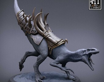May include: A gray, detailed miniature of a dinosaur with a saddle and horns. The dinosaur is posed in a running position with its mouth open. The base is gray and textured. The text "MIST OF THE JUNGLE" is printed on the base.