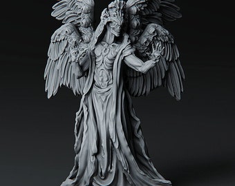 May include: A detailed, gray, sculpted figure of a winged, humanoid creature with multiple eyes and a grotesque face. The figure is wearing a flowing robe and has its wings spread out.