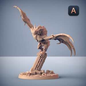May include: A detailed miniature figurine of a gargoyle with wings outstretched, perched atop a stone column. The gargoyle is sculpted in a light brown colour and has a menacing expression.