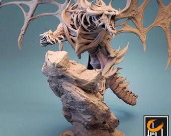 May include: A 3D printed model of a dragon with a skeletal appearance, perched on a rock. The dragon has a long, pointed snout, sharp claws, and large, bat-like wings. The model is pre-supported and ready to be printed.