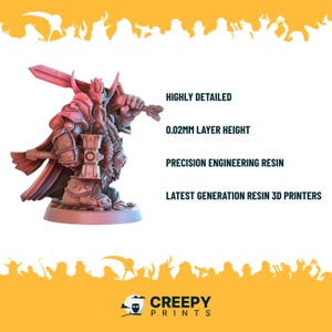 May include: A detailed miniature figurine of a dwarf warrior, holding a sword and a hammer, wearing armor and a red cape. The figurine is printed in a light pink color on a white base. The image includes the text "HIGHLY DETAILED", "0.02MM LAYER HEIGHT", "PRECISION ENGINEERING RESIN", "LATEST GENERATION RESIN 3D PRINTERS", "CREEPY PRINTS".