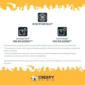 May include: A yellow and black graphic with a 30-day return policy for damaged or lost items. The graphic includes a money-back guarantee icon, a damaged item icon, and a lost package icon. The text reads "30 Day Return Policy*" and "Free Replacement***".