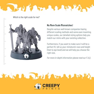 May include: Three gray plastic miniature figures of warriors with swords and axes, standing on a gray base with a black logo. The text "No More Scale Mismatches!" is visible in the background.