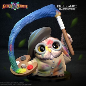 Owl Owlkin Artist Painter Premium dnd Miniature Mini | Resin 3D Printed | 28mm 32mm up to 100mm | 45079