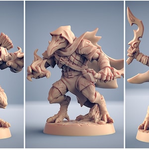 May include: Three miniature figurines of a humanoid creature with a bird-like beak, wearing a hooded cloak and holding various weapons. The figures are painted in a light brown color and are posed in different action stances.