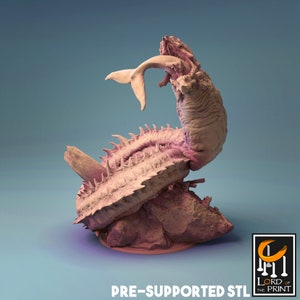 May include: A 3D printed miniature of a monstrous sea creature with spiky scales, devouring a smaller creature. The miniature is painted in a light pink color and is set on a rocky base. The miniature is pre-supported and ready to be printed.