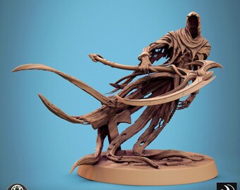 May include: A detailed miniature figurine of a skeletal figure in a hooded robe, wielding a large scythe. The figure is posed in a dynamic, flying motion, with the scythe extended forward. The miniature is painted in a brown color, giving it a realistic and weathered appearance.