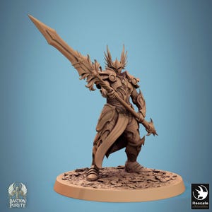 May include: A detailed figurine of a warrior in ornate armour, holding a large spear. The figure has a helmet with wing-like details and is posed on a circular base. The figurine is a light brown colour. The text "Bastion Purity" is visible.