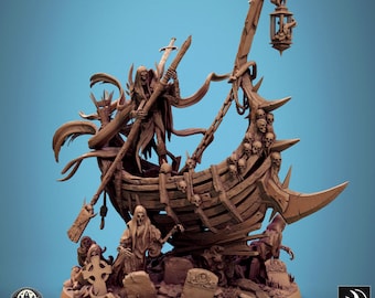 May include: A skeletal figure stands on a skeletal ship, holding a sword and a lantern. The ship is decorated with skulls and bones. The figure is wearing a long, flowing robe. The ship is surrounded by a graveyard.
