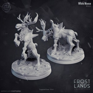 May include: White Moose miniature figure in two poses, one standing and one walking, with a suggested base size of 35mm. The figure is made of a grey, unpainted plastic.