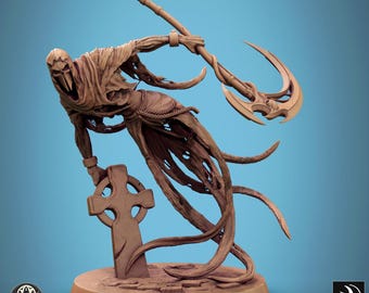 May include: A detailed miniature figurine of a skeletal figure in a tattered robe, wielding a curved blade and holding a stone cross. The figure is painted in a light brown color and stands on a circular base.