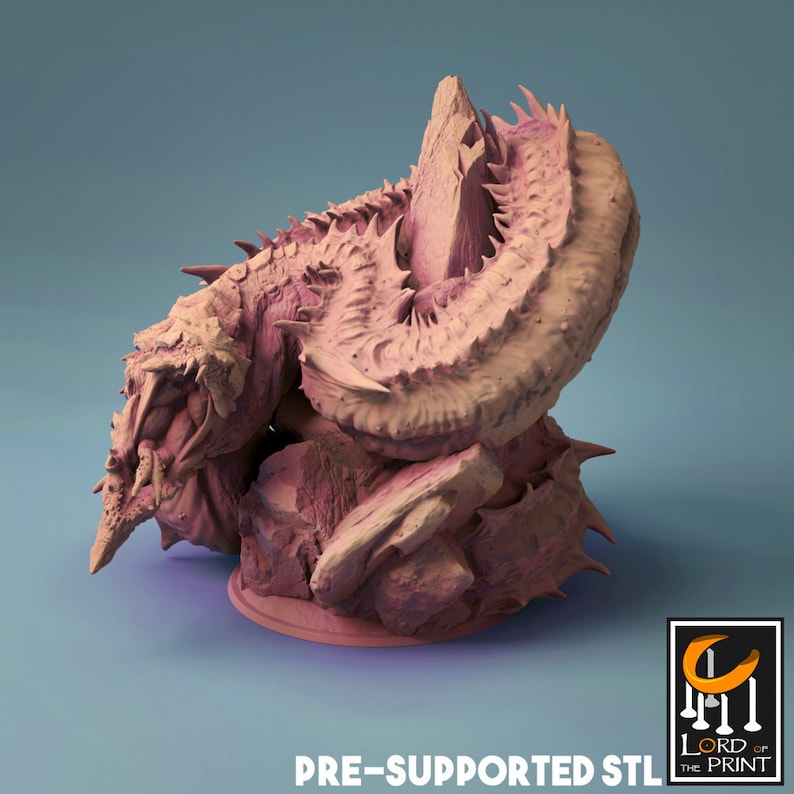 May include: A 3D printed miniature of a monstrous creature with a spiky, scaly body and a large, open mouth. The creature is posed in a curled position, with its tail wrapped around its body. The miniature is printed in a light pink color and is pre-supported for easy printing.