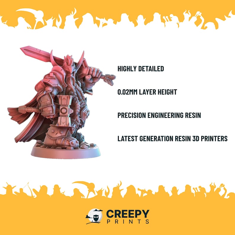 May include: A detailed miniature figurine of a dwarf warrior, holding a sword and a hammer, wearing armor and a red cape. The figurine is printed in a light pink color on a white base. The image includes the text "HIGHLY DETAILED", "0.02MM LAYER HEIGHT", "PRECISION ENGINEERING RESIN", "LATEST GENERATION RESIN 3D PRINTERS", "CREEPY PRINTS".