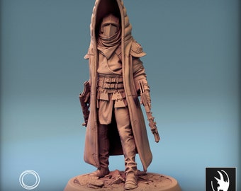 May include: A detailed miniature figure of a hooded figure wearing a long coat and holding a weapon. The figure is painted in a brown colour and is standing on a base. The figure is part of the "People of Dunnari: Burnt Earth" collection.