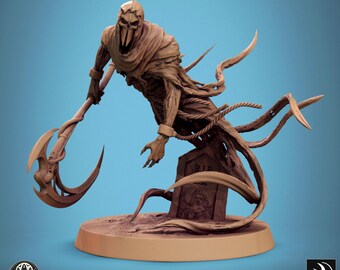 May include: A detailed miniature figure of a skeletal figure with a scythe, wearing a tattered robe and standing on a tombstone with the inscription "RIP".