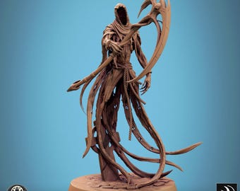 May include: A detailed miniature figurine of a skeletal figure in a hooded robe, holding a large scythe. The figure is made of a brown plastic material and is posed in a standing position. The figurine is set on a circular base.