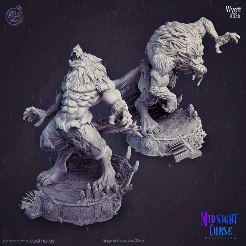 May include: Two gray 3D printed miniatures of a werewolf in different poses. The werewolf on the left is standing with its arms raised, while the werewolf on the right is crouched down with its arms raised. Both miniatures are on circular bases with intricate details. The text "Wyett #336" is in the top right corner of the image. The text "MIDNIGHT CURSE COLLECTION" is in the bottom right corner of the image.