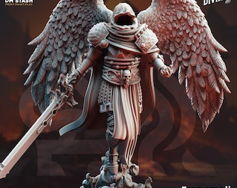 May include: A detailed miniature figurine of an angel with large feathered wings, wearing armour and a hooded cloak. The angel holds a sword in one hand and has a skull on its belt. The figurine is standing on a base with flames. The text "Eranameli The Soul Bringer" is below the figurine.