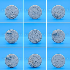Pack of 9 Round Scenic Bases v7 | Rocks Cracked Earth | 25mm 28mm 30mm 32mm 40mm 50mm 60mm 65mm 75mm 80mm | Tabletop Miniatures Minis p7-9