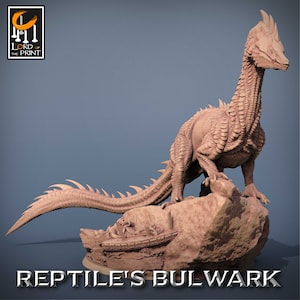 May include: A light brown 3D-printed sculpture of a reptilian creature on a rocky base. The sculpture has detailed scales, a long tail, and the text "REPTILE'S BULWARK". The logo "LORD OF THE PRINT" is in the upper left corner.