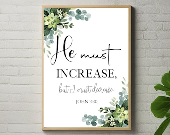 Es necesario que él crezca, pero que yo mengüe. Juan 3:30 Imprimir/Cita cristiana Arte de eucalipto imprimible/Arte de pared imprimible/Descarga digital