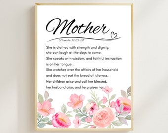 Mother - Proverbs 31:25-28 Print/Mother's Day Bible Verses Print/Mother's Day Printable Scripture/Printable Wall Art/Digital Download