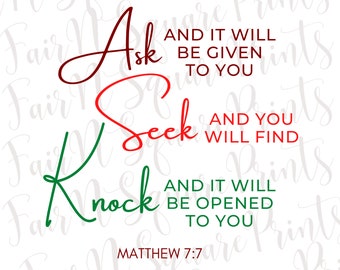Matthew 7:7 Png File for Sublimation/Ask Seek Knock Png Designs for Sublimation/Christians Sublimation/Png Digital Download