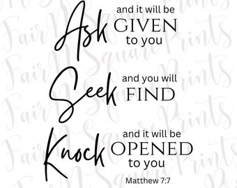 Matthew 7:7 Png File for Sublimation/Ask Seek Knock Black Text Png File Designs for Sublimation/Christians Sublimation/Png Digital Download