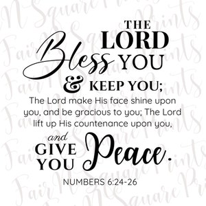 Pode incluir: Fundo branco com texto preto: "O Senhor te abençoe e te guarde", seguido de um versículo bíblico de Números 6:24-26. O texto está em uma mistura de fontes, com as palavras "Abençoe" e "Paz" em itálico.