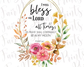 Pode incluir: Uma coroa floral em aquarela com cores outonais envolve um círculo dourado com o texto "Bendirei o Senhor em todo o tempo; o seu louvor estará continuamente na minha boca. Salmo 34:1".