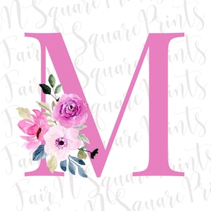 May include: Pink letter M with watercolor flowers in shades of pink, white, and purple. The flowers are arranged around the left side of the letter.