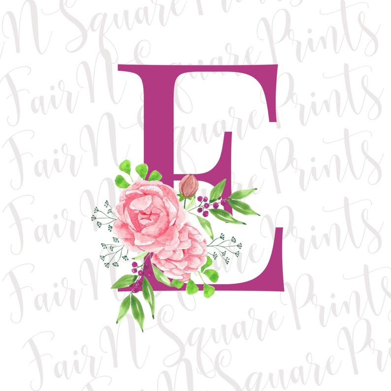 K&ouml;nnte beinhalten: Ein rosafarbenes und gr&uuml;nes Blumenmuster mit einer gro&szlig;en rosa Blume und gr&uuml;nen Bl&auml;ttern, die einen magentafarbenen Buchstaben E umgeben.