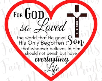 Op de afbeelding: Rood hart met een bruin kruis erin. Het hart heeft de tekst "FOR GOD so Loved the world that He gave His Only Begotten Son that whoever believes in Him should not perish but have everlasting life" en het kruis heeft de tekst "JOHN 3:16".