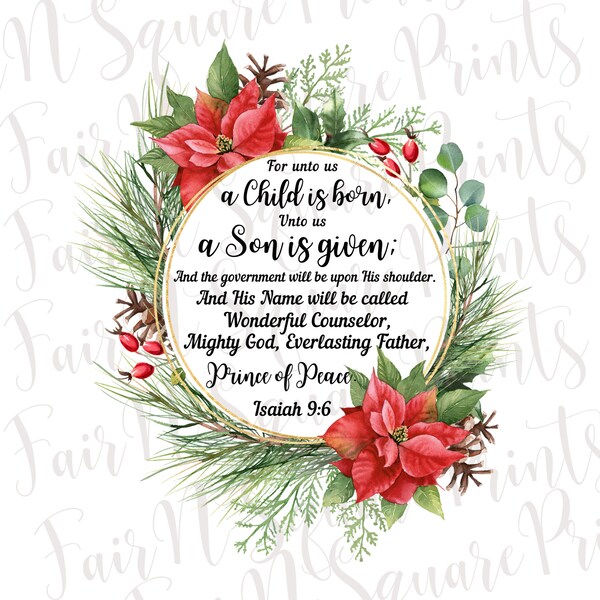 Porque para nosotros nace un niño Archivo Png para sublimación/Isaías 9:6 Corona de Navidad Diseños de archivos Png/Sublimación cristiana/Descarga digital