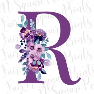 R inicial com arquivo Png de flor roxa para sublimação/Arquivo Png inicial de flor roxa/Desenhos de arquivo Png inicial R/Png Digital Download