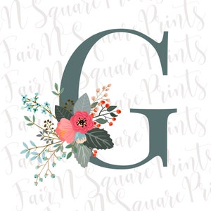May include: A teal letter "G" with a floral arrangement. The flowers include pink, red, and blue blossoms, with green leaves and berries. The background has a watermark of the text "Fair N Square Prints".