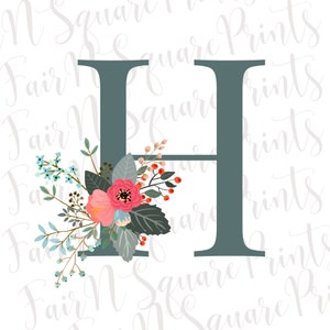 May include: A teal blue letter H with a floral arrangement in front of it. The flowers are pink, red, and blue with green leaves. The background is white with a faint gray pattern.