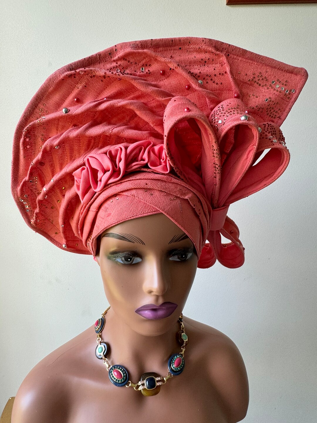African Auto Gele / Wedding Gele / Peach Auto Gele - Etsy