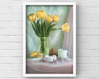 Original oil Painting yellow tulips marshmallow cup of tea spring flowers still life, tulips 50*70 cm