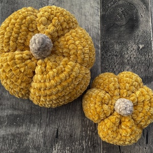 Könnte beinhalten: Zwei gehäkelte Kürbisse in senfgelber Farbe mit einem grauen Zentrum. Der größere Kürbis ist im Vordergrund und der kleinere Kürbis im Hintergrund.