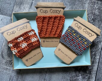 Fall-themed coffee cozy trio crochet pattern