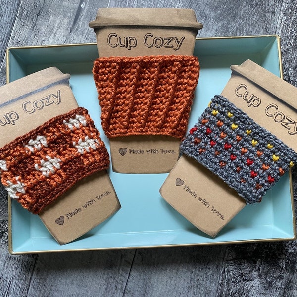 Fall-themed coffee cozy trio crochet pattern