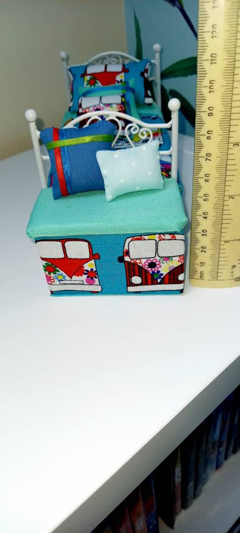 Blanket box CV material with padded fixed seat and two decorative cushions handmade 1:12 scale modern furniture